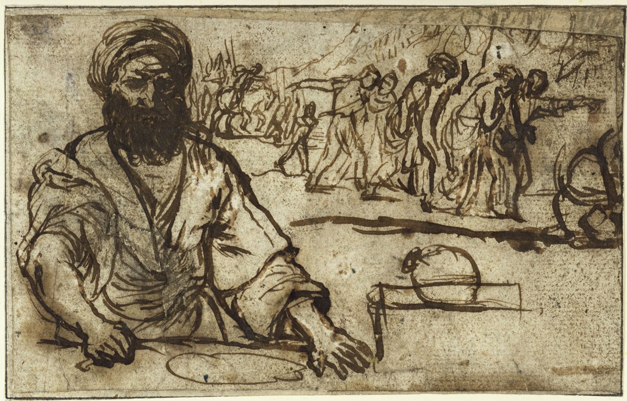 Hombre barbudo sentado, con una procesión de personas y jinetes al fondo de Adam Elsheimer