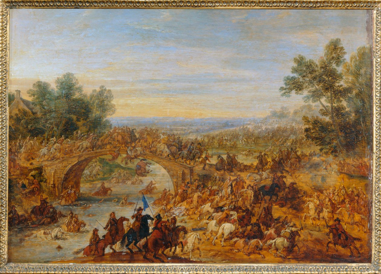 Caballería luchando mientras cruzan un puente ... de Adam Frans van der (circle of) Meulen