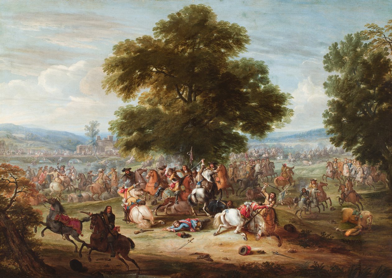 Un combate de caballería en un paisaje boscoso, un puente a lo lejos (óleo sobre lienzo) de Adam Frans van der Meulen