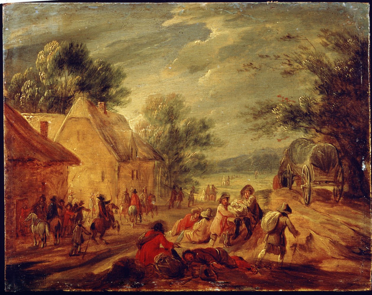Jinetes atacando a un Hamlet. Pintura de Adam Frans van der Meulen (1632-1690). Óleo sobre madera. Arte flamenco, estilo barroco. Museo de Bellas Artes Pushkin, Moscú. de Adam Frans van der Meulen