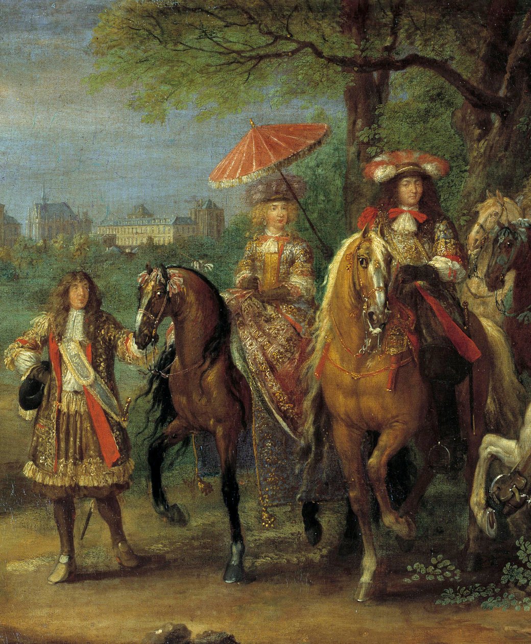 Rey Luis XIV (1638-1715) y la Reina María Teresa de Austria (1638-1683) caminando frente al castillo de Vincennes en 1669 (detalle) de Adam Frans van der Meulen