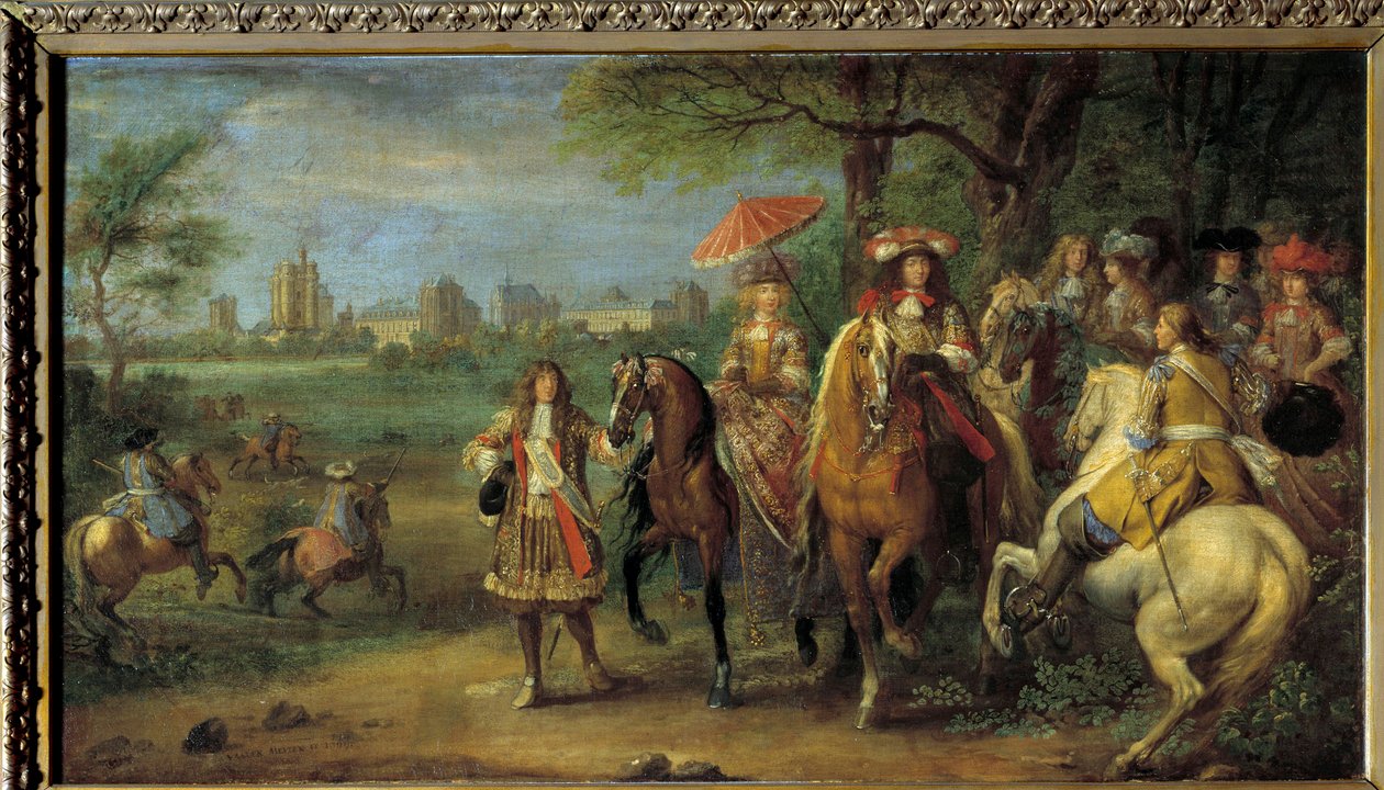 El rey Luis XIV (1638-1715) y la reina María Teresa de Austria (1638-1683) caminando frente al castillo de Vincennes en 1669 de Adam Frans van der Meulen