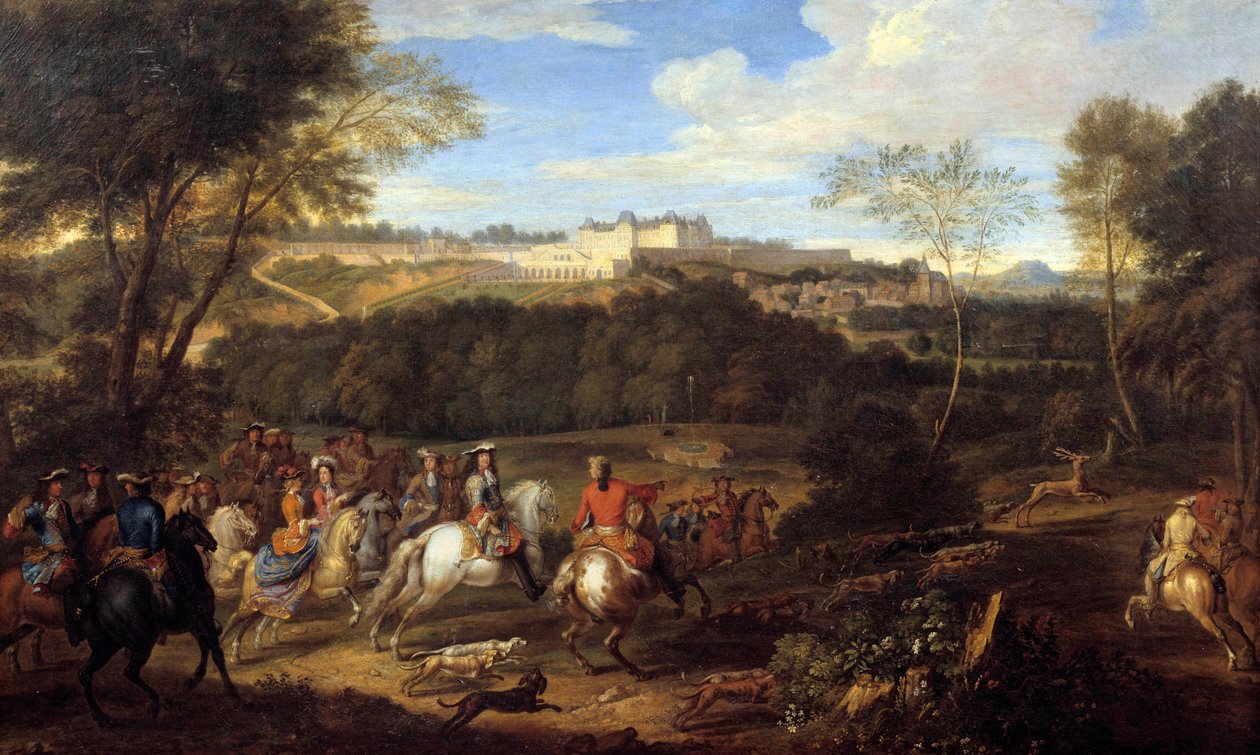 El Rey Luis XIV (1638-1715) y la Corte cazando a la vista del castillo de Meudon de Adam Frans van der Meulen