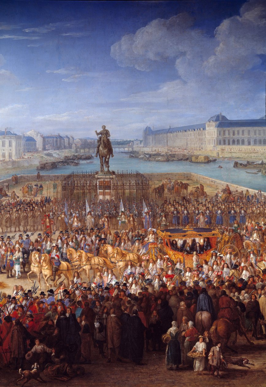 Carroza real. Detalle central de Luis XIV (1638-1715) cruzando el Pont Neuf en su carroza. Pintura de Adam François Van Der Meulen (1632-1690) de Adam Frans van der Meulen