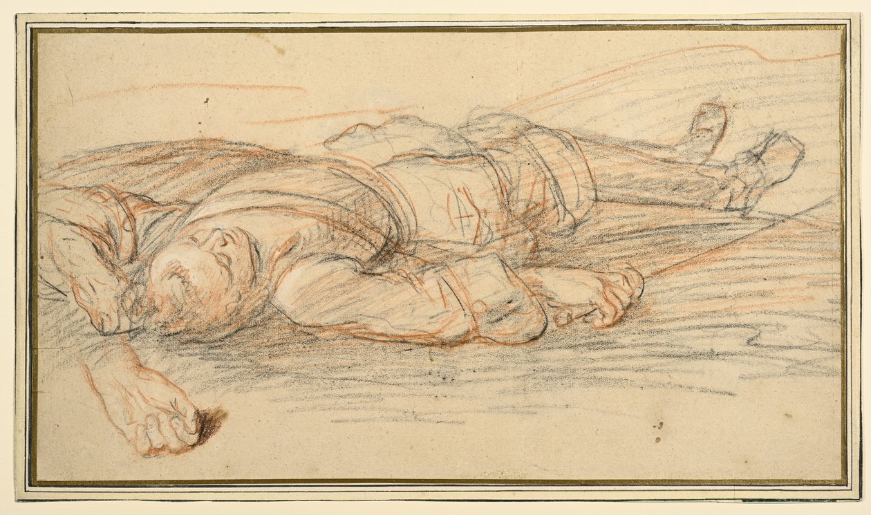 Estudio para un guerrero tendido en el campo de batalla y un estudio adicional de la mano izquierda. de Adam Frans van der Meulen