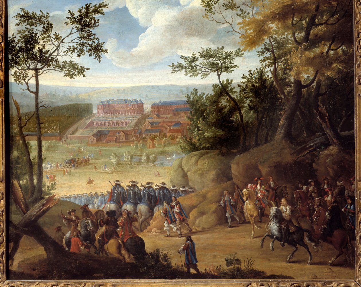 Vista de Versalles en 1664 con el Rey de Francia Luis XIV y una compañía de mosqueteros de Adam Frans van der Meulen