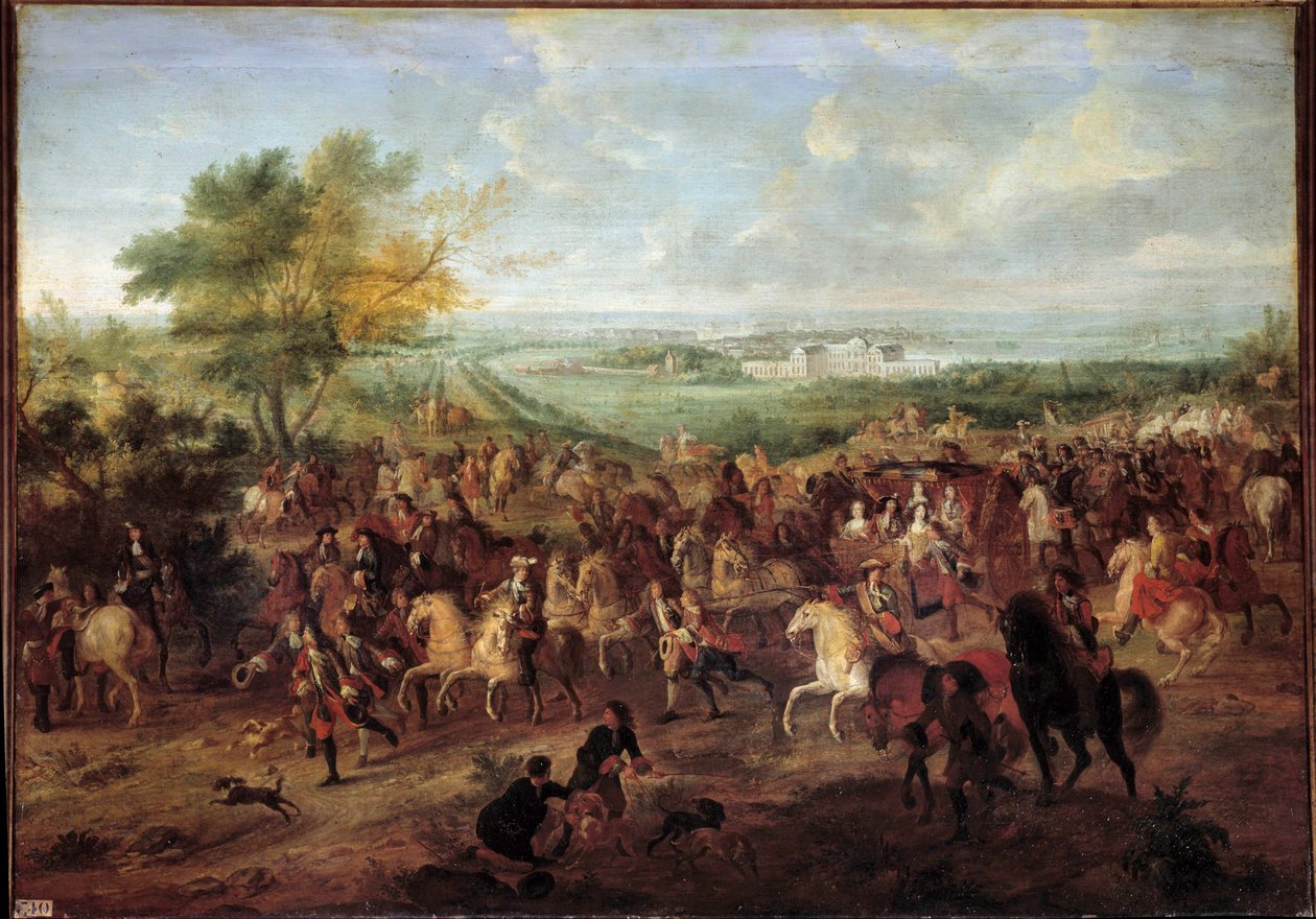 Paseo en carruaje del Rey Luis XIV, la Reina María Teresa de Austria, el Delfín Luis y la Delfina frente al castillo de Clagny en Versalles de Adam Frans van der Meulen