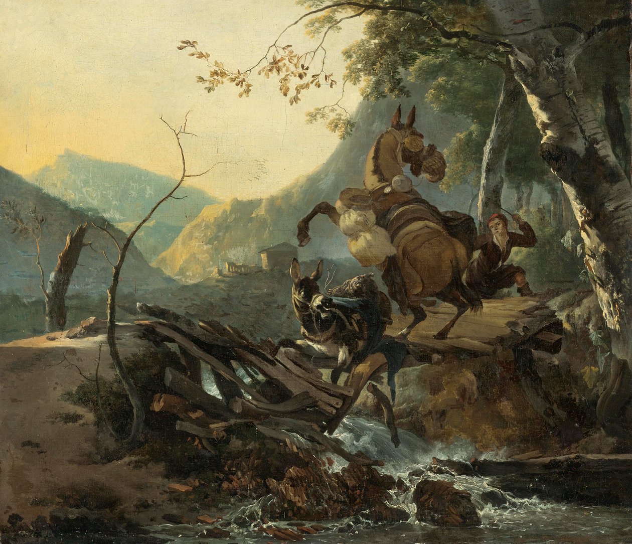 Paisaje a la italiana con dos burros cruzando un puente que se derrumba de Adam Pynacker
