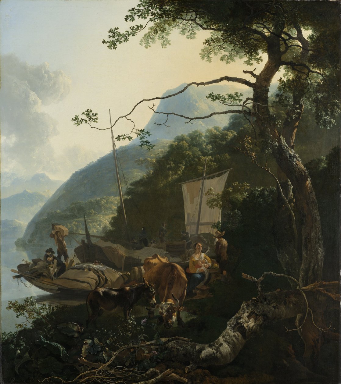 Barqueros amarrados en la orilla de un lago italiano, 1650-70 de Adam Pynacker