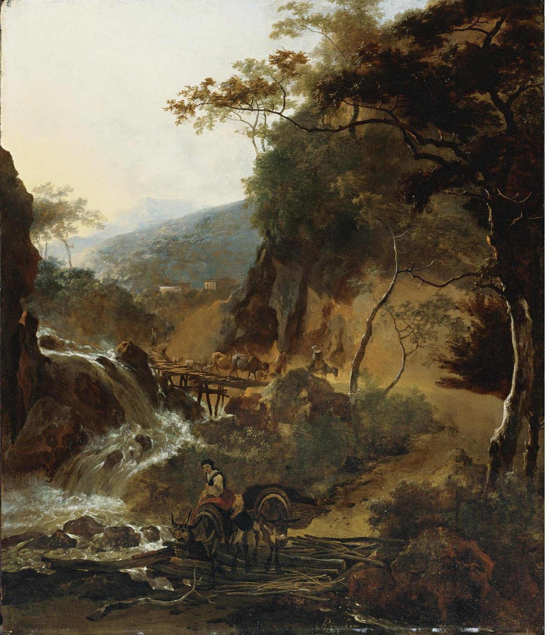 Paisaje montañoso a la italiana con pastores y ganado junto a una cascada de Adam Pynacker