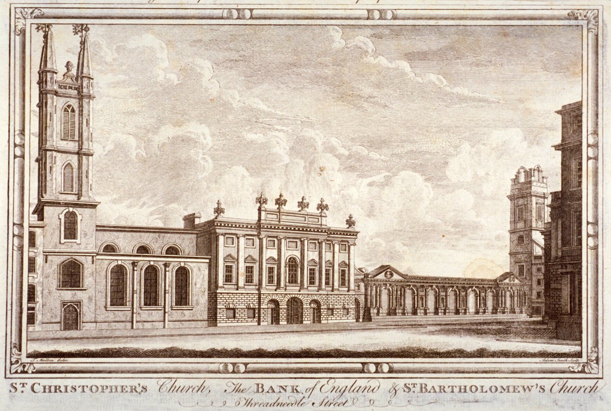 Banco de Inglaterra, St Christopher-le-Stocks y St Bartholomew-by-the-Exchange, Londres, c1775 de Adam Smith