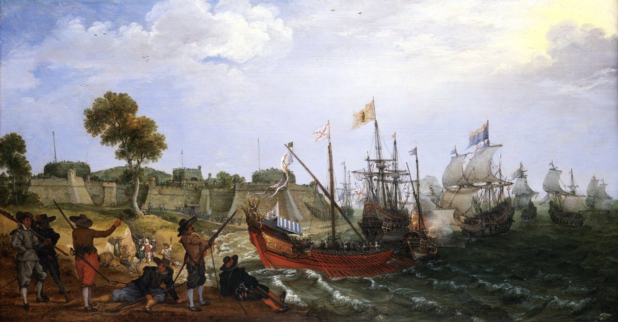 Una escuadra de guerra holandesa ataca una fortaleza colonial española, defendida por barcos de Adam Willaerts