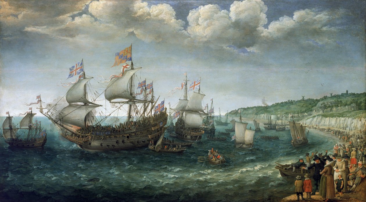 Embarque de Federico I de Wittelsbach (1596-1632), elector del Palatinado (que llegaría a ser rey de Bohemia), en el navío "Prince Royal", en Dover (Inglaterra), el 25 de abril. de Adam Willaerts