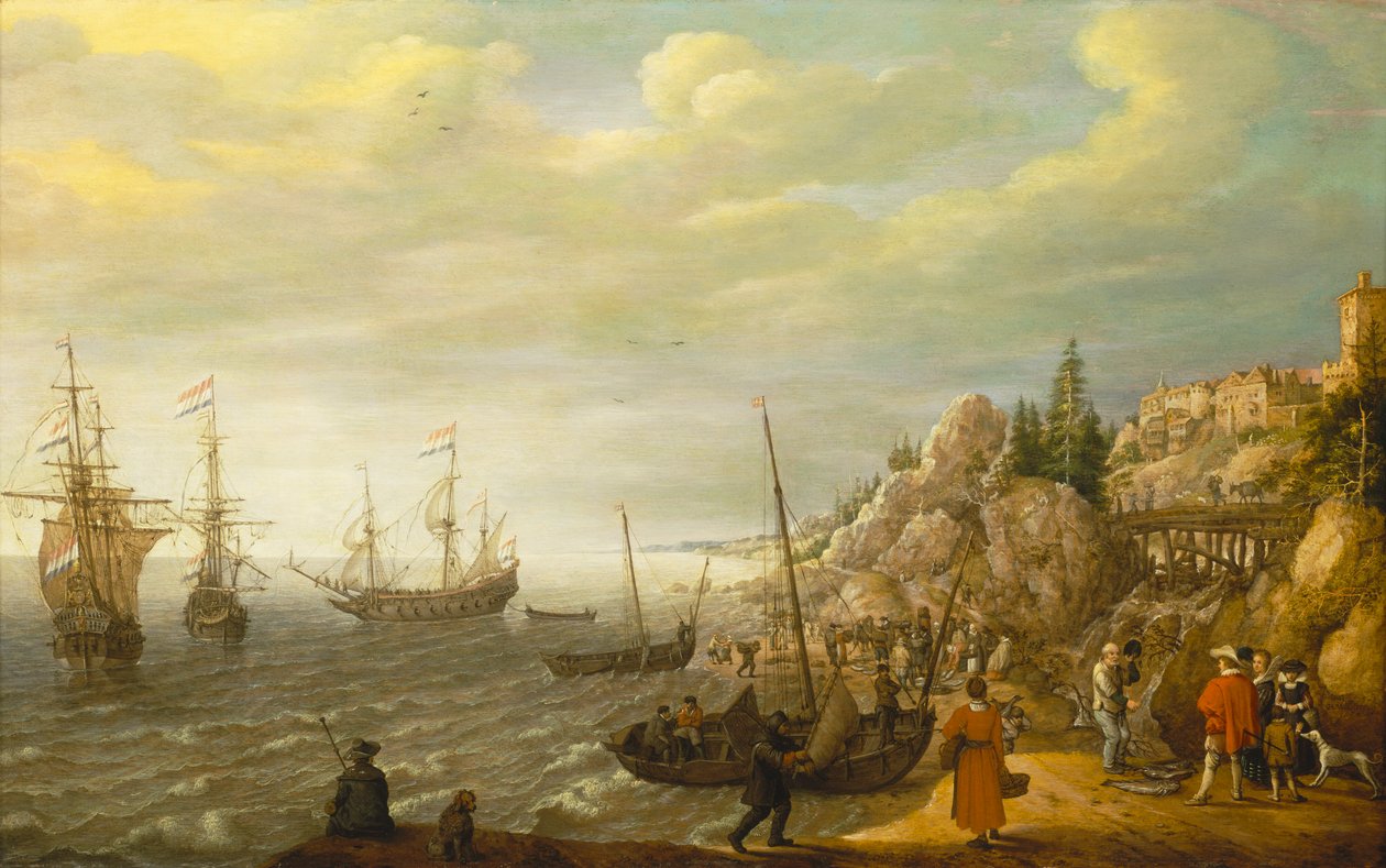 Barcos holandeses anclados frente a una ciudad escandinava fortificada de Adam Willaerts