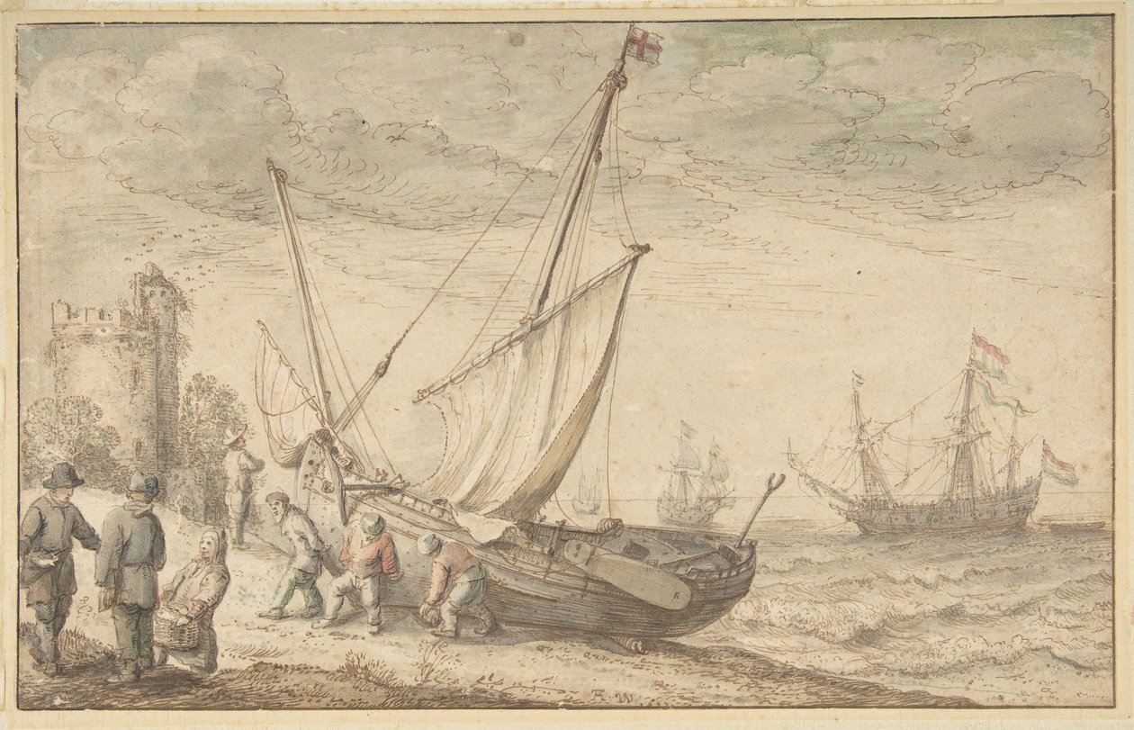 Pescadores arrastrando su barco a la orilla, n.d. de Adam Willaerts