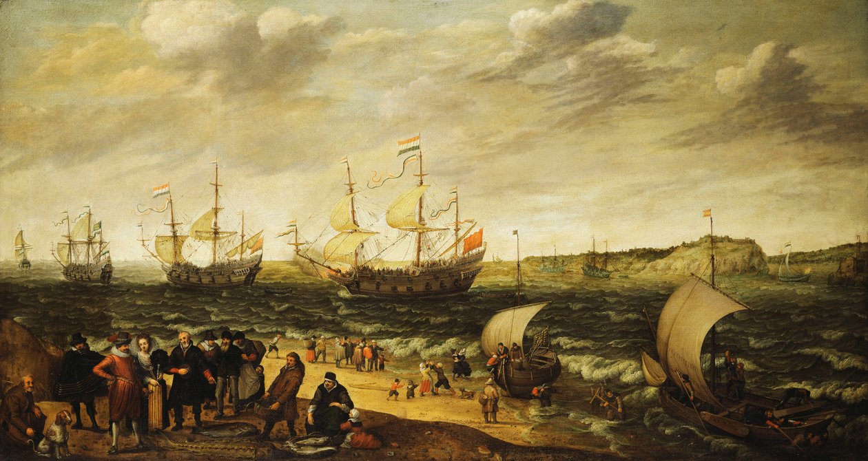 Buques de guerra navegando fuera de un estuario con figuras en primer plano de Adam Willaerts