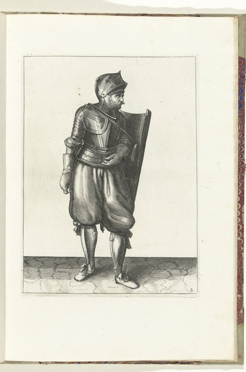 El ejercicio con la diana y el estoque: el soldado lleva la diana por detrás sobre el hombro izquierdo (núm. 2), 1618 El Nassausche Wapen-Handelinge, van Schilt, Spies, Rappier and the Targe: más allá de figuerlick representado, y enmarcado según el nuevo  de Adam van Breen