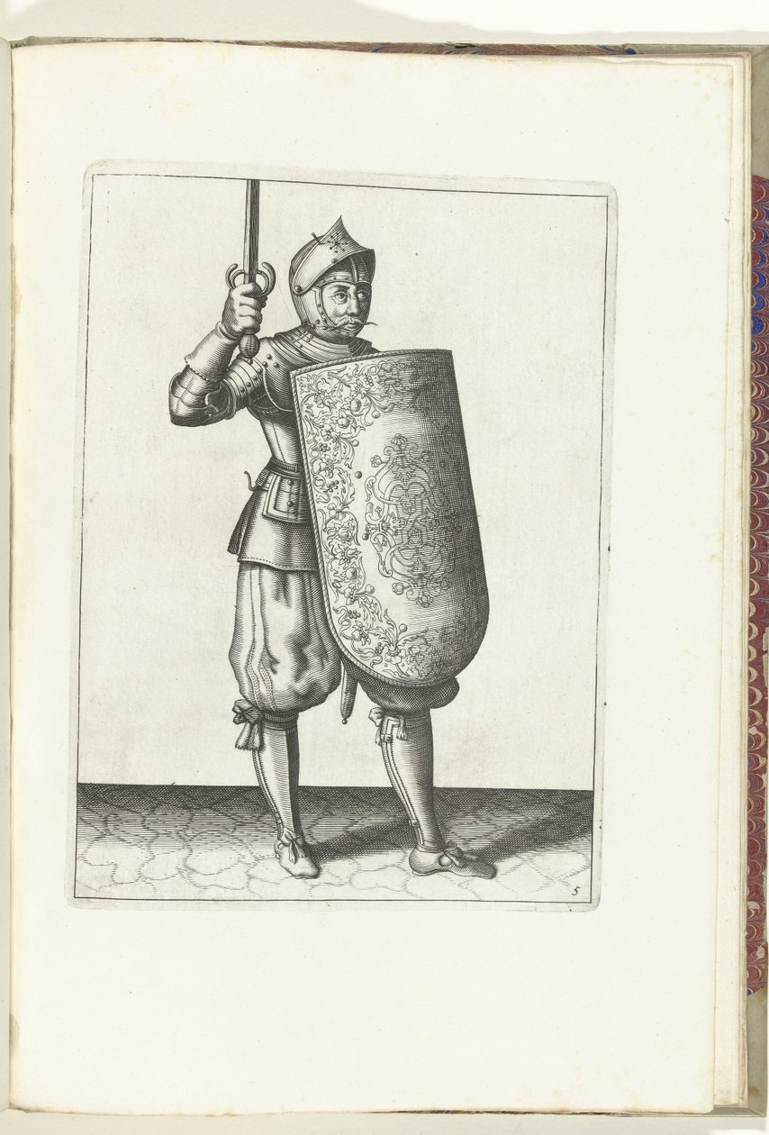 El ejercicio del estoque y el estoque: el soldado sostiene el estoque desenvainado no más alto que su rostro (n. ° 5), 1618 El Nassausche Wapen-Handelinge, van Schilt, Spies, Rappier and the Targe: más allá de figuerlick representado, y enmarcado según el  de Adam van Breen