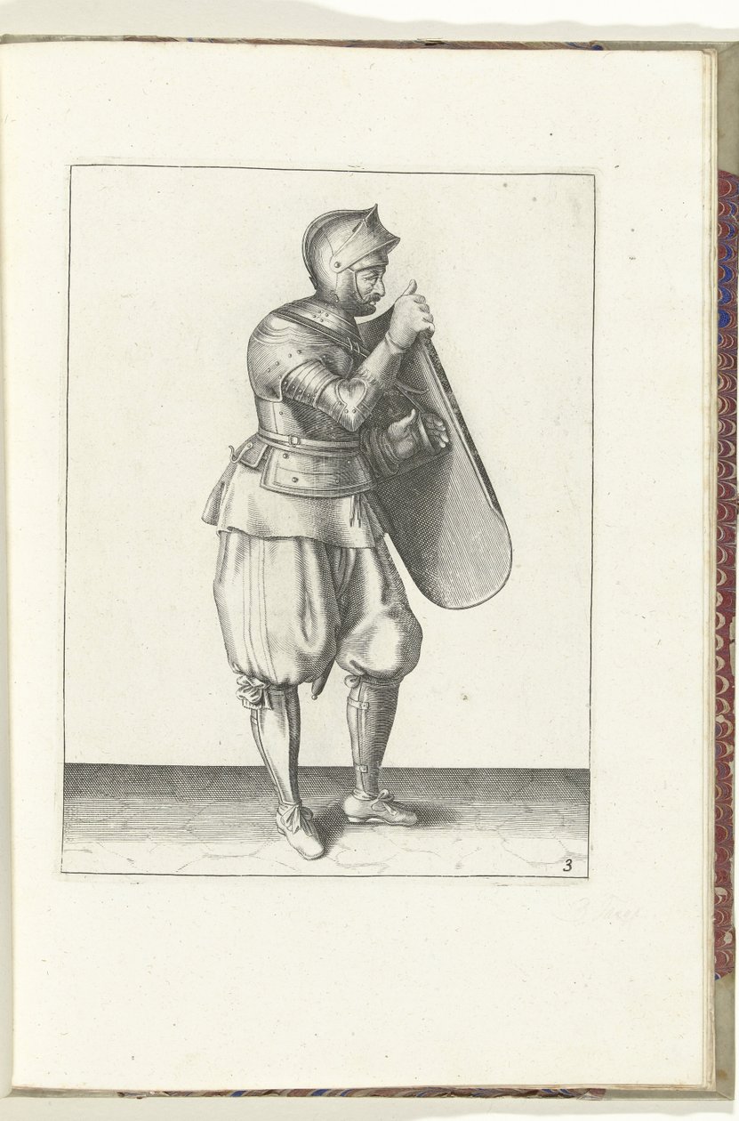 El ejercicio con la diana y el estoque: el soldado sujeta la diana con la mano derecha y agarra el cinturón con la izquierda (n.º 3), 1618 El Nassausche Wapen-Handelinge, van Schilt, Spies, Rappier and the Targe : beyde figuerlick representado, y enmarcado de Adam van Breen