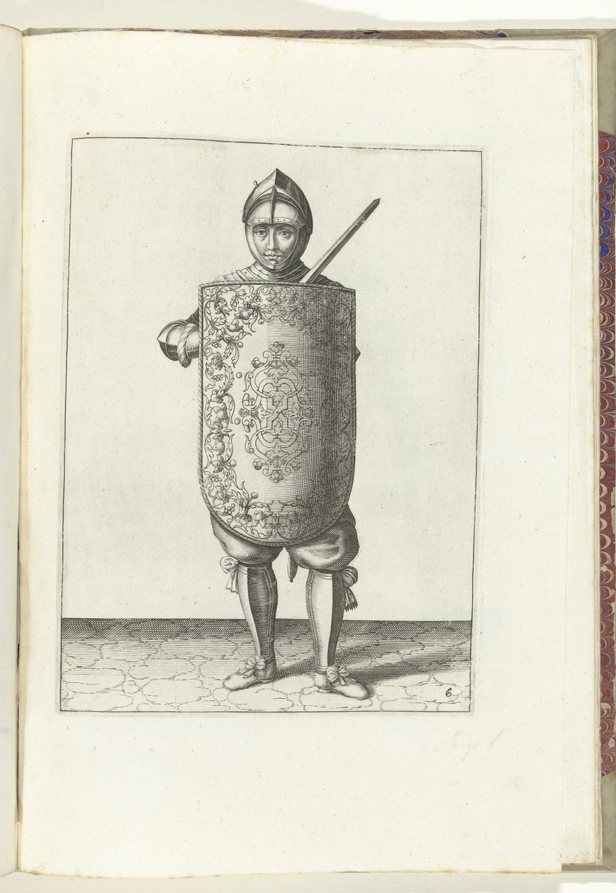 El taladro con la diana y el estoque: el soldado sujeta la diana frente al pecho y el estoque desenvainado contra el hombro izquierdo (n.º 6), 1618 El Nassausche Wapen-Handelinge, van Schilt, Spies, Rappier and the Targe : beyde figuerlick representado, en de Adam van Breen