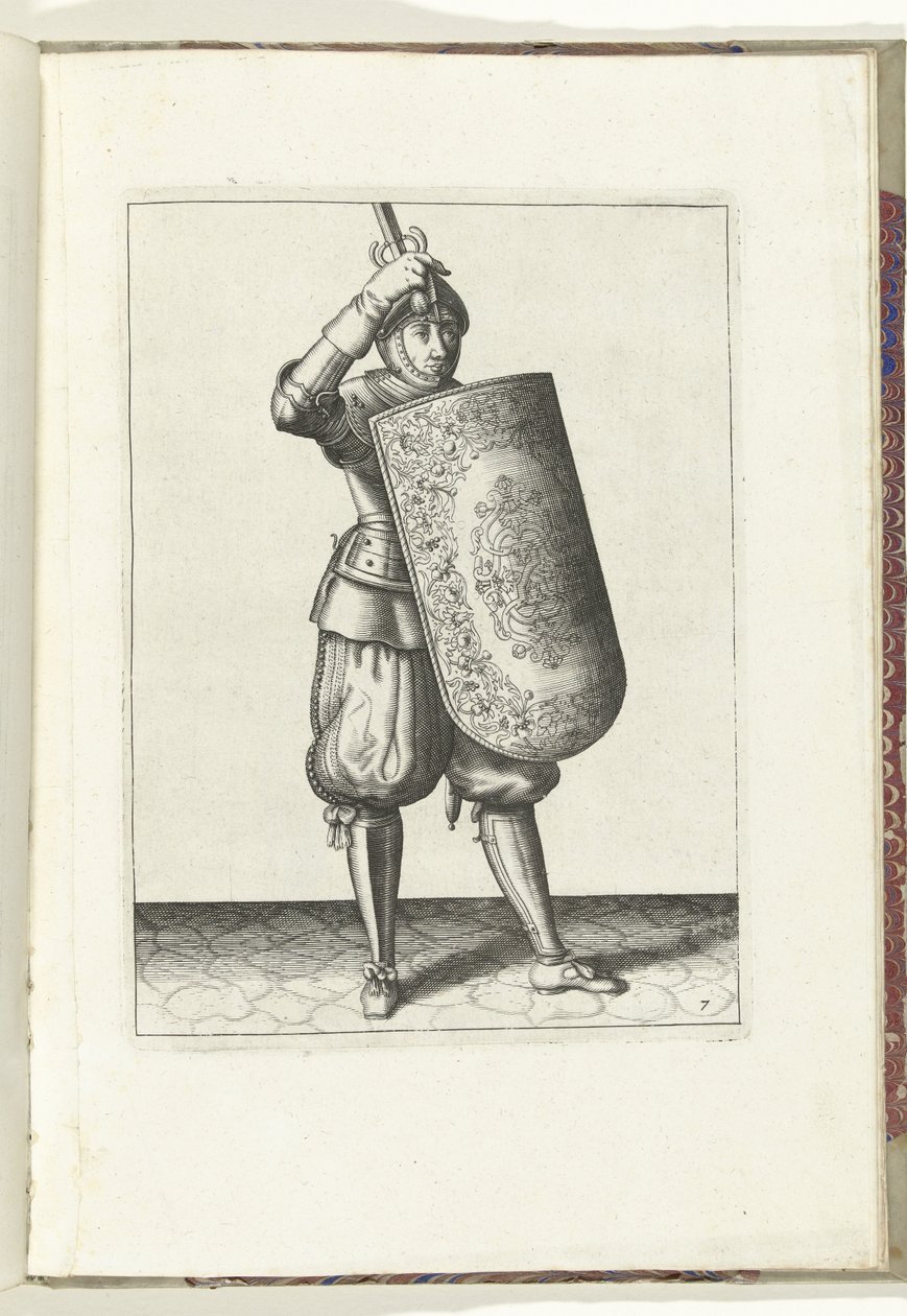 El taladro con la diana y el estoque: cómo el soldado debe cerrar la visera de su casco con la diana y el estoque desenvainado en la mano (núm. 7), 1618 El Nassausche Wapen-Handelinge, van Schilt, Spies, Rappier and the Targe : beyde figuerlick representad de Adam van Breen