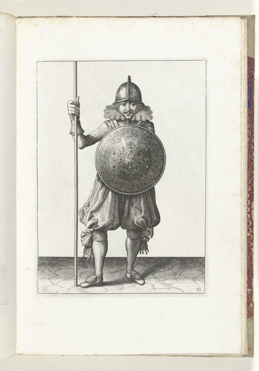 El ejercicio con escudo y lanza: el soldado devuelve la lanza a la posición de reposo en tres tiempos, tercer movimiento (núm. 12), 1618 El Nassausche Wapen-Handelinge, van Schilt, Spies, Rappier and the Targe : beyde figuerlick representado, y enmarcado d de Adam van Breen