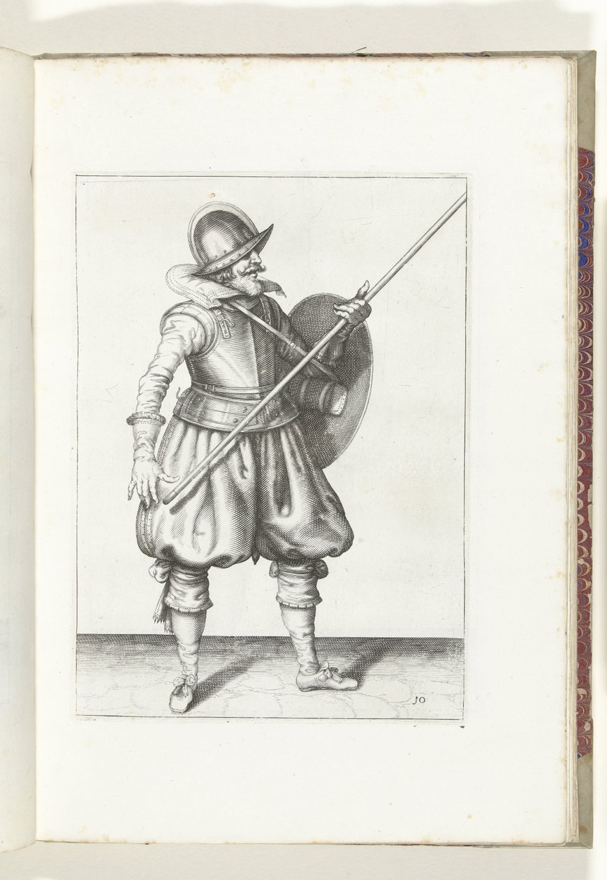 El ejercicio con escudo y lanza: el soldado devuelve la lanza a la posición de reposo en tres tiempos, primer movimiento (núm. 10), 1618 El Nassausche Wapen-Handelinge, van Schilt, Spies, Rappier and the Targe : beyde figuerlick representado, y enmarcado d de Adam van Breen