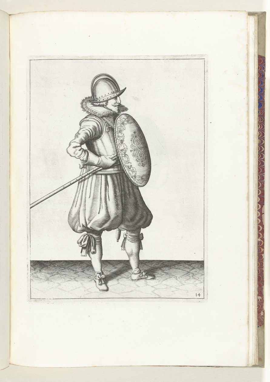 El ejercicio del escudo y la punta: el soldado mueve la punta a la posición de arrastre en dos tiempos, segundo movimiento (n. ° 14), 1618 The Nassausche Wapen-Handelinge, van Schilt, Spies, Rappier and the Targe : beyde figuerlick representado, ende enmar de Adam van Breen