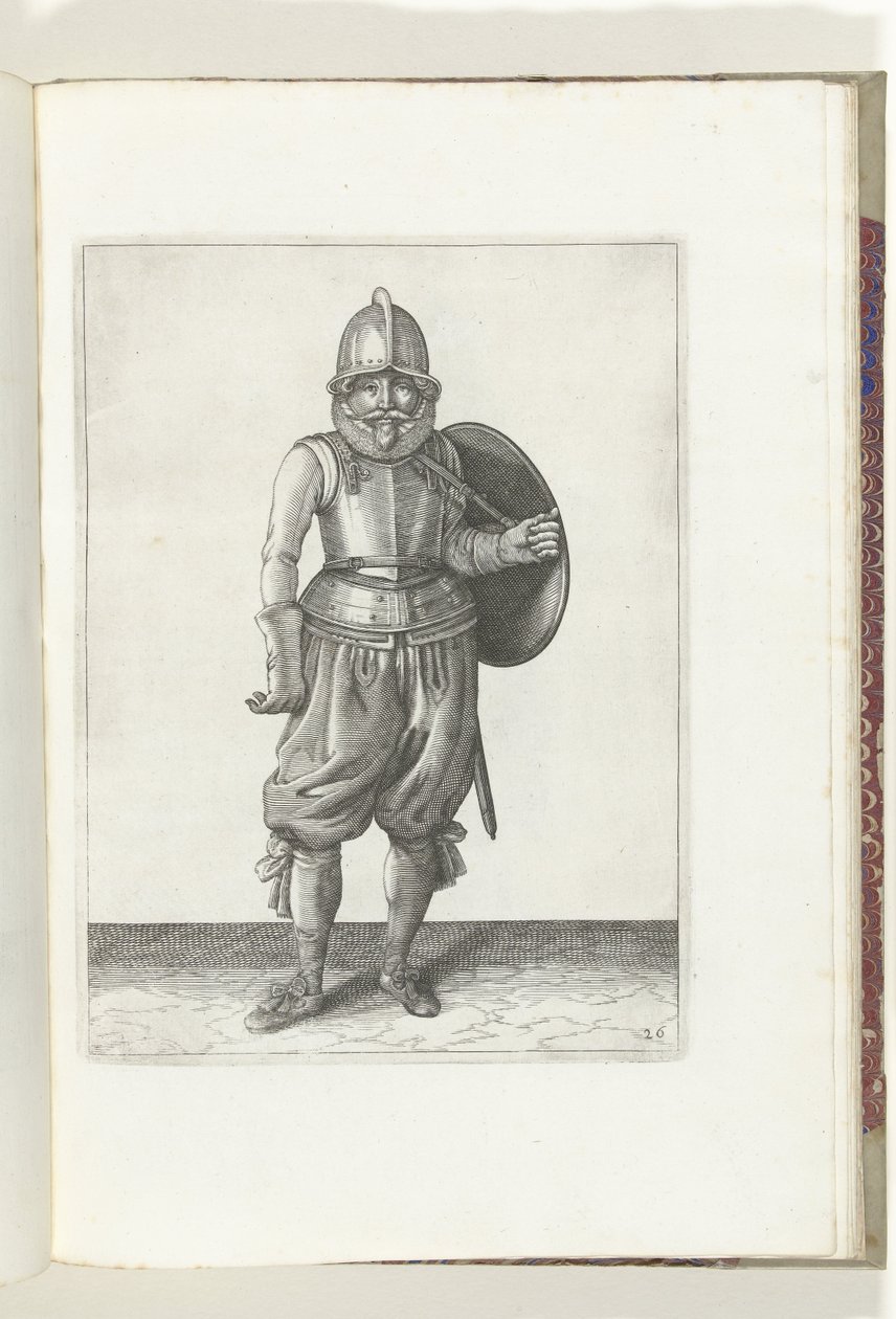El ejercicio del escudo y la espiga: el soldado devuelve el escudo a la espalda con el brazo izquierdo (n.º 26), 1618 De Nassausche Wapen-Handelinge, van Schilt, Spies, Rappier and the Targe: más allá de figuerlick representado, ende enmarcado según el nue de Adam van Breen