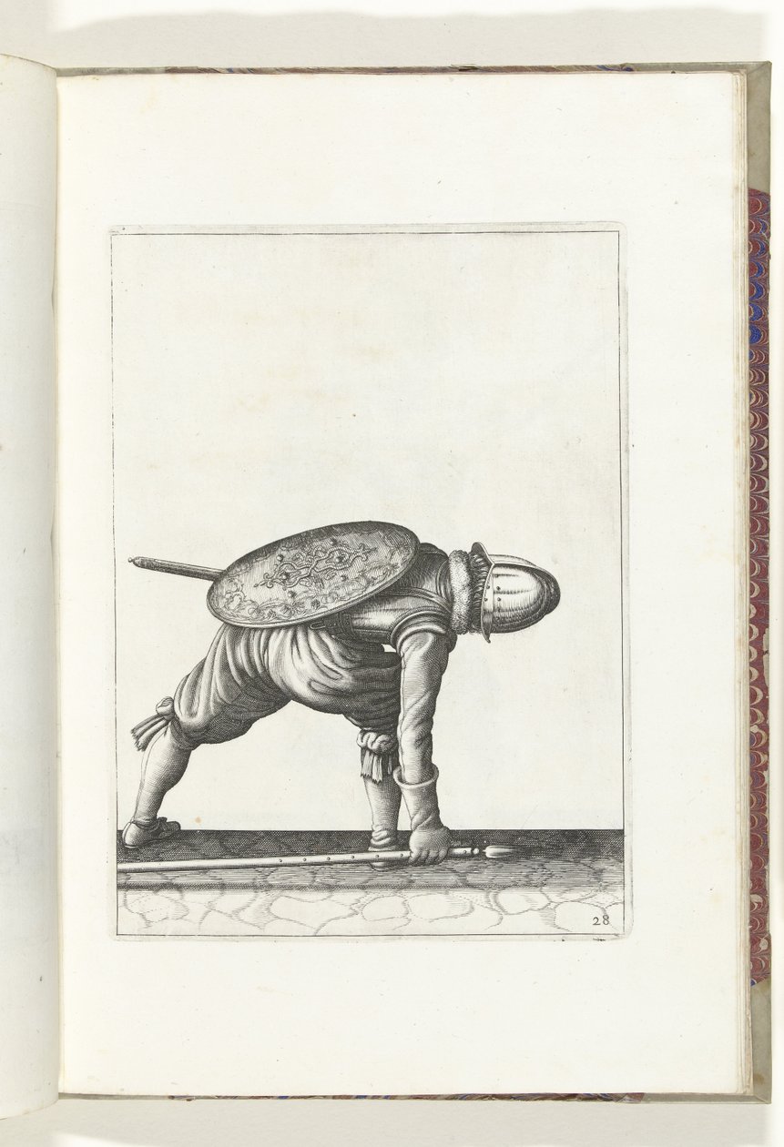 El ejercicio del escudo y la pica: el soldado se inclina para recoger la pica (n.º 28), 1618 The Nassausche Wapen-Handelinge, van Schilt, Spies, Rappier and the Targe : beyde figuerlick representado, y enmarcado según el nuevo orden [de] (...) Maurits van  de Adam van Breen