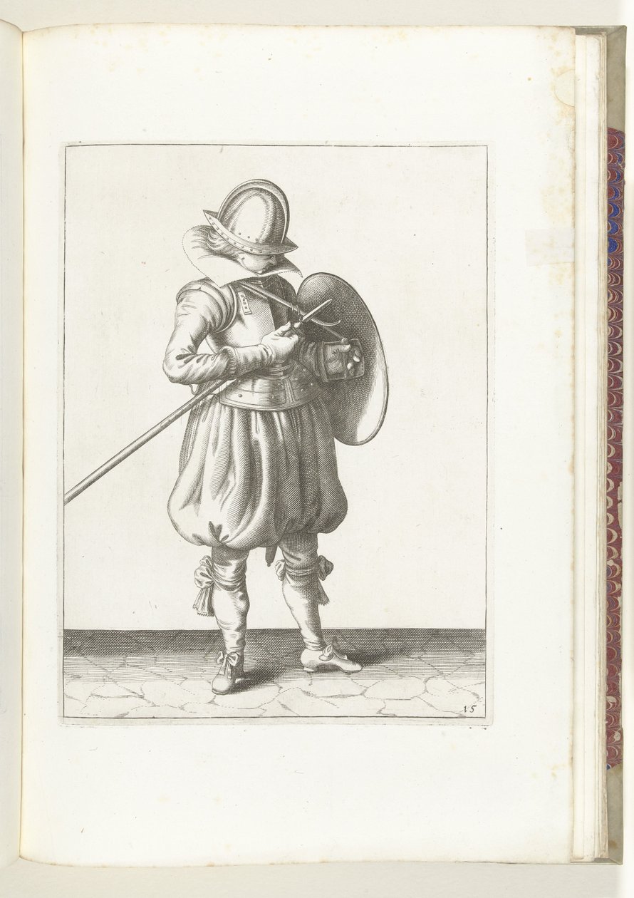 El ejercicio del escudo y la espiga: el soldado sostiene la espiga y el escudo cerca del cuerpo (n.º 15), 1618 El Nassausche Wapen-Handelinge, van Schilt, Spies, Rappier and the Targe: más allá de figuerlick representados, y enmarcados según el nuevo orden de Adam van Breen