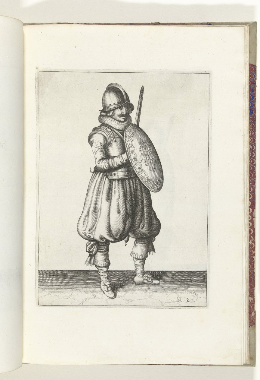 El ejercicio del escudo y la pica: el soldado atento con su estoque y escudo frente al cofre (n. ° 20), 1618 De Nassausche Wapen-Handelinge, van Schilt, Spies, Rappier and the Targe: más allá de figuerlick representado, ende enmarcado según el nuevo orden  de Adam van Breen