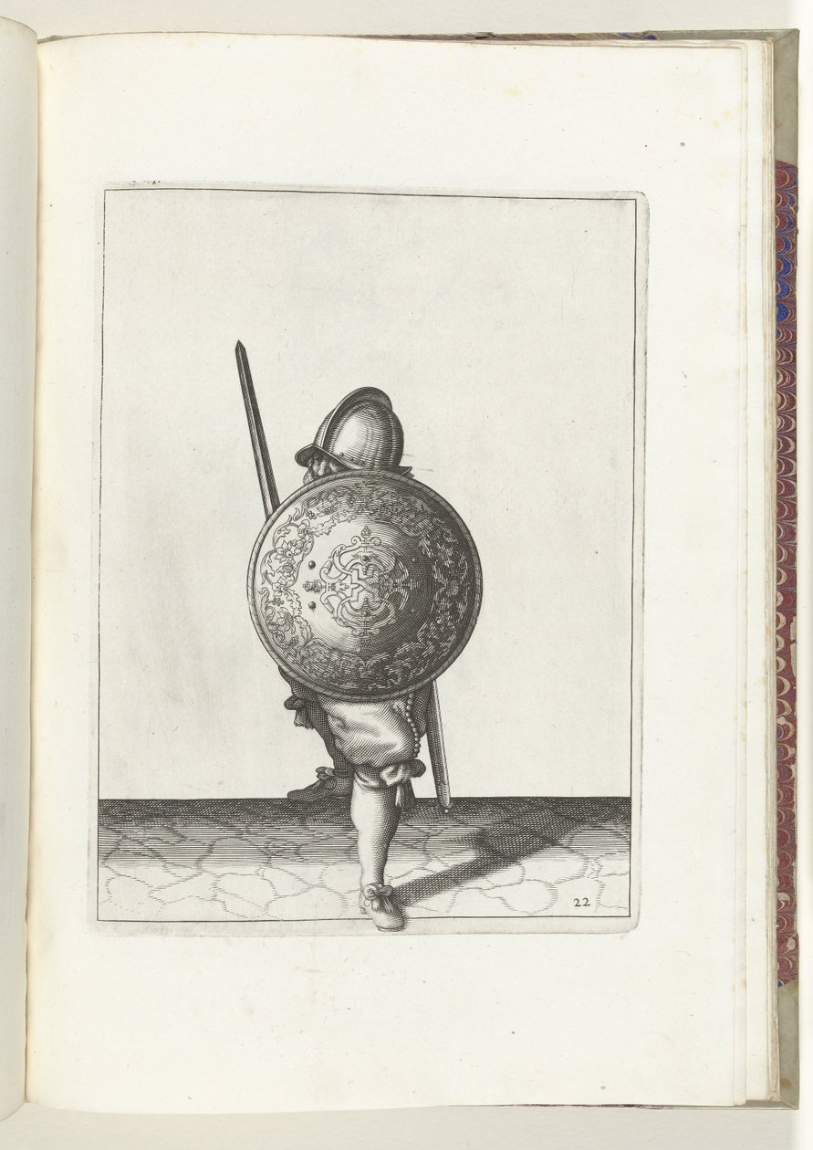 El ejercicio del escudo y la pica: el soldado en posición defensiva con un pie delante y el estoque y el escudo sobre la rodilla delante del cuerpo, visto de frente (n.º 22), 1618 La Ley de Armas de Nassausche, de Schilt, Spies, Rappier y Targ de Adam van Breen