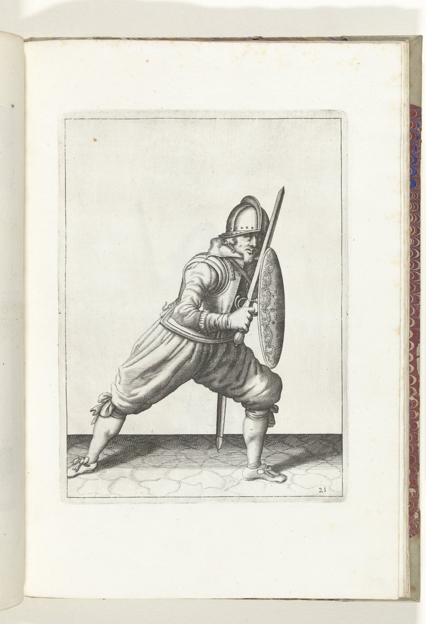 El ejercicio de escudo y pincho: el soldado en posición defensiva con un pie delante y su estoque y escudo en la rodilla delante del cuerpo (n.º 21), 1618 The Nassausche Wapen-Handinge, van Schilt, Spies, Rappier andde Targe: beyde figuerli de Adam van Breen