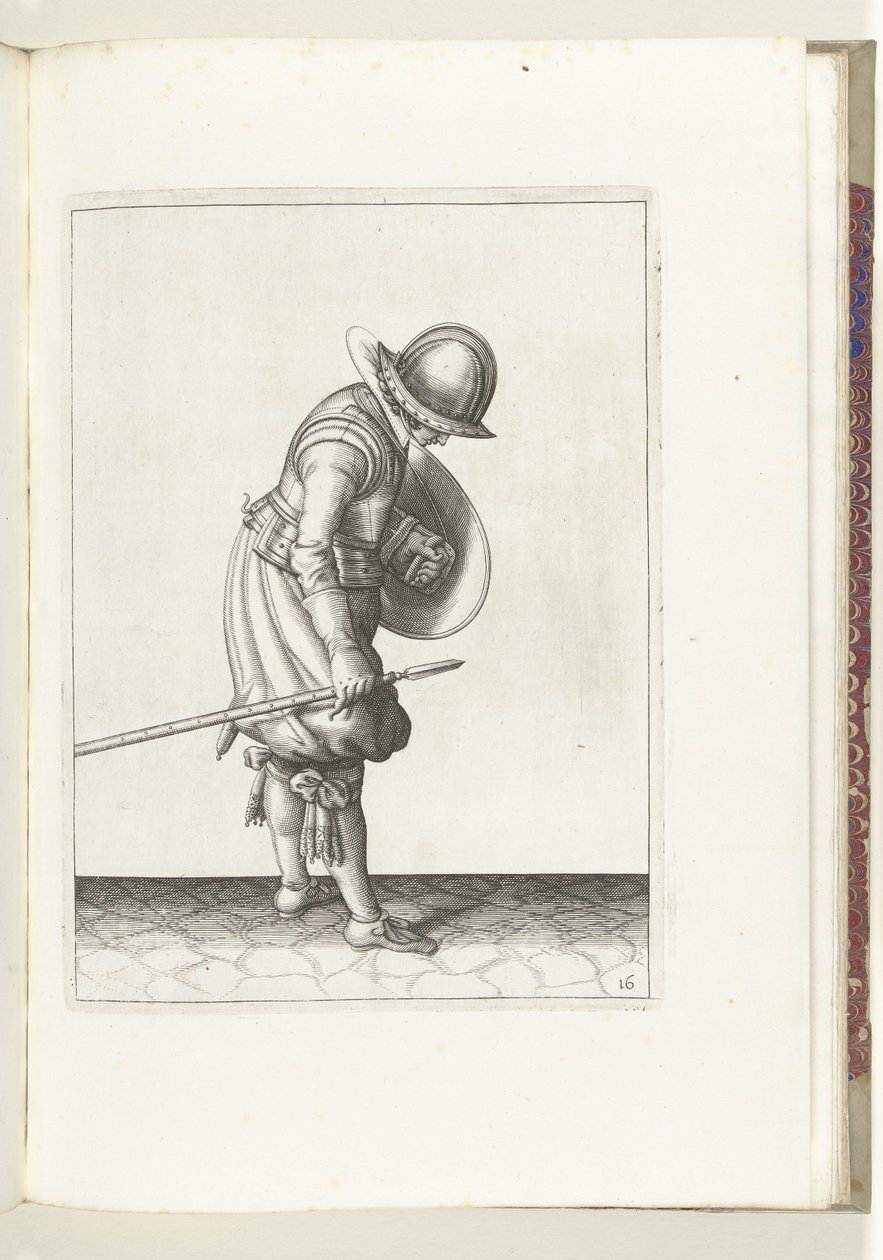 El ejercicio del escudo y la espiga: el soldado pone la espiga en el suelo junto a su pie derecho (n.º 16), 1618 El Nassausche Wapen-Handelinge, van Schilt, Spies, Rappier and the Targe: más allá de figuerlick representado, y enmarcado según el nuevo orden de Adam van Breen