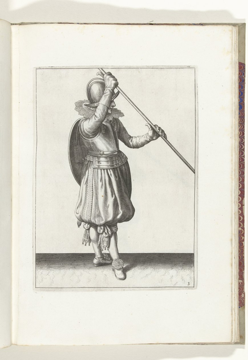 El ejercicio del escudo y la espiga: el soldado con la espiga en ángulo en ambas manos con la mano derecha en la cabeza y el escudo en la espalda (n. ° 3), 1618 The Nassausche Wapen-Handelinge, van Schilt, Spies, Rappier and the Targe: beyde figuerlick rep de Adam van Breen