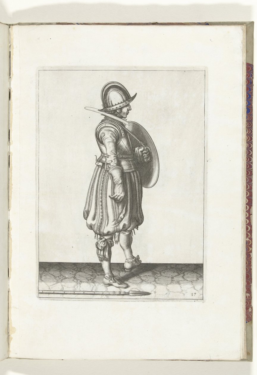 El ejercicio del escudo y la estaca: el soldado con el escudo listo y la estaca en el suelo junto a su pie derecho (n.º 17), 1618 The Nassausche Wapen-Handelinge, van Schilt, Spies, Rappier and the Targe : beyde figuerlick representado, ende enmarcado desp de Adam van Breen