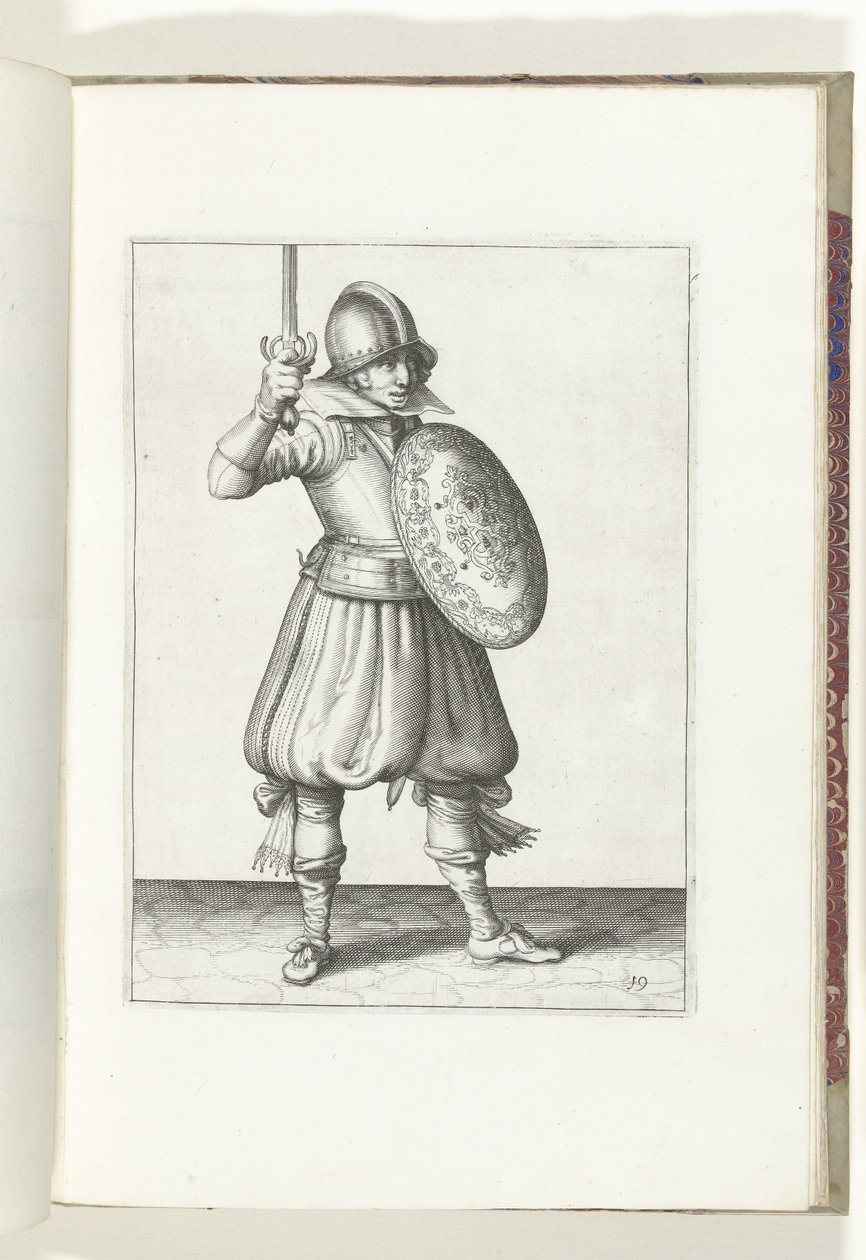 El ejercicio del escudo y la pica: el soldado presenta su estoque a mano no más alto que su rostro (n. ° 19), 1618 El Nassausche Wapen-Handelinge, van Schilt, Spies, Rappier and the Targe: más allá de figuerlick representado, y enmarcado según el nuevo ord de Adam van Breen
