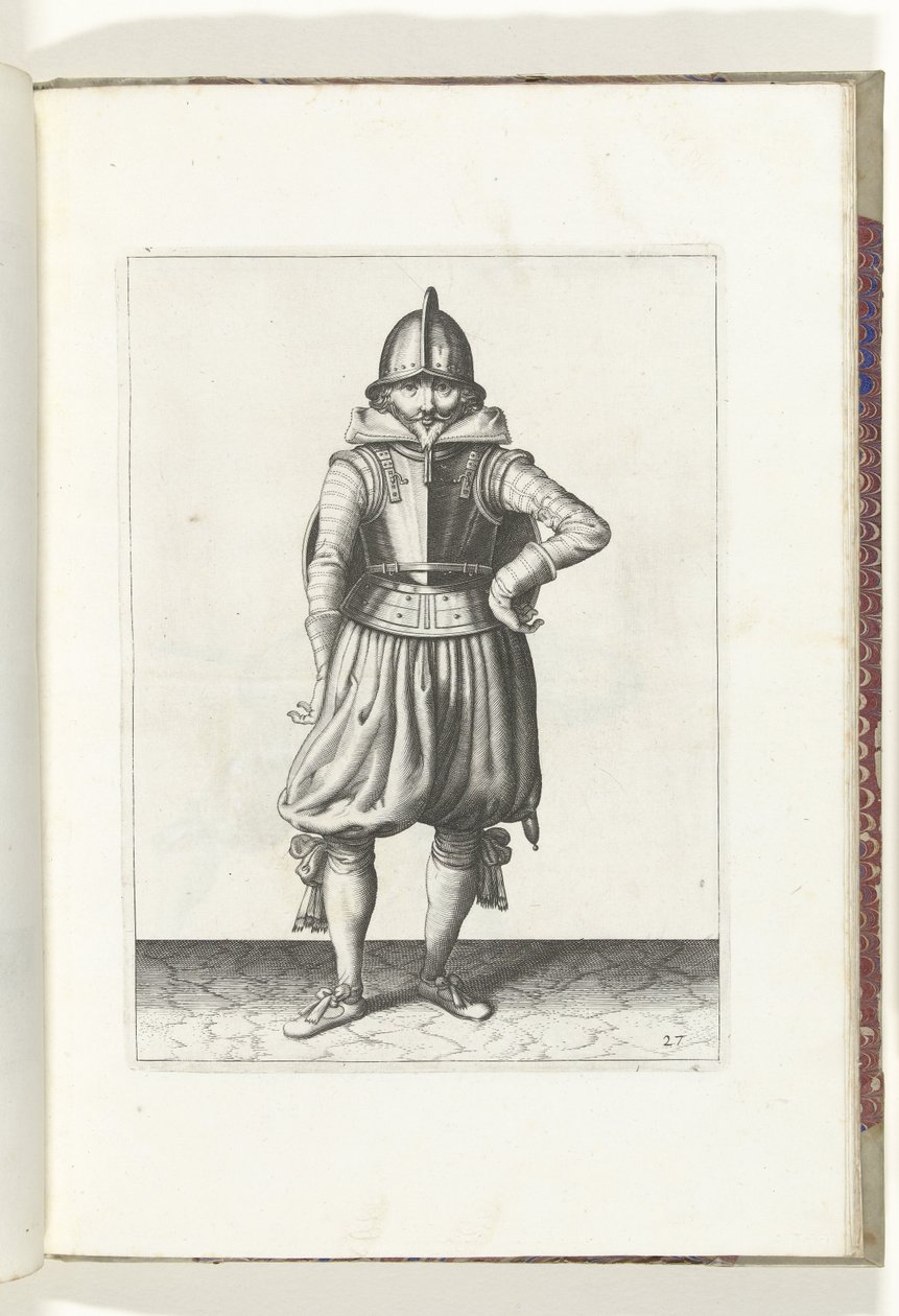 El ejercicio del escudo y la pica: el soldado de pie en reposo con el escudo en la espalda (n.º 27), 1618 El Nassausche Wapen-Handelinge, van Schilt, Spies, Rappier and the Targe: más allá de figuerlick representado, y enmarcado según el nuevo orden [de] ( de Adam van Breen
