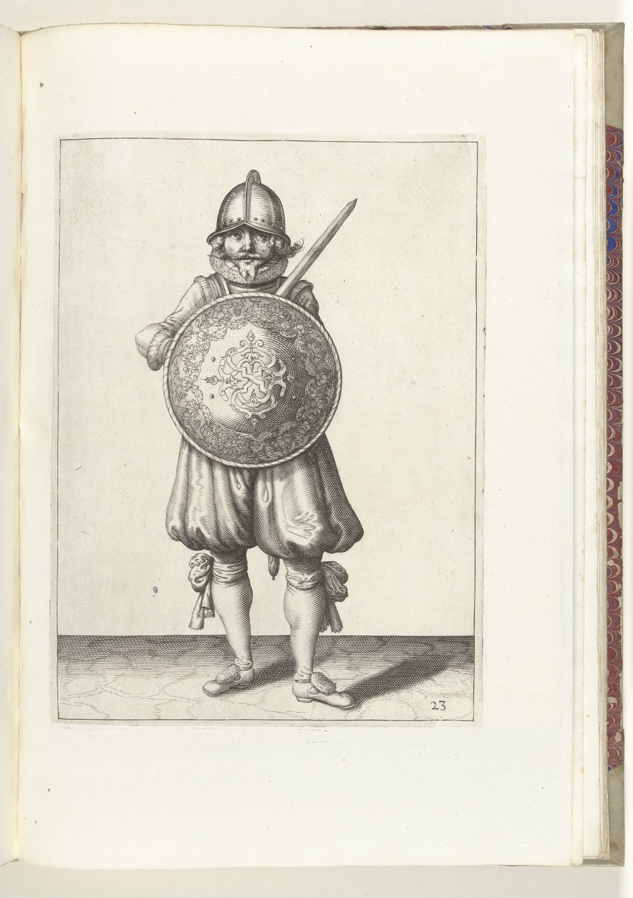 El ejercicio del escudo y la punta: el soldado de pie en reposo, su estoque descansando sobre el hombro izquierdo detrás del escudo (n. ° 23), 1618 The Nassausche Wapen-Handelinge, van Schilt, Spies, Rappier and the Targe : beyde figuerlick representado, e de Adam van Breen