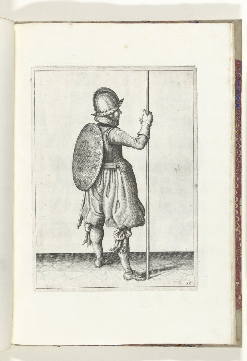 El ejercicio del escudo y la espiga: el soldado de pie con la espiga apoyada en el suelo junto al pie derecho (n.º 30), 1618 El Nassausche Wapen-Handelinge, van Schilt, Spies, Rappier and the Targe: más allá de figuerlick representado, y enmarcado según el de Adam van Breen