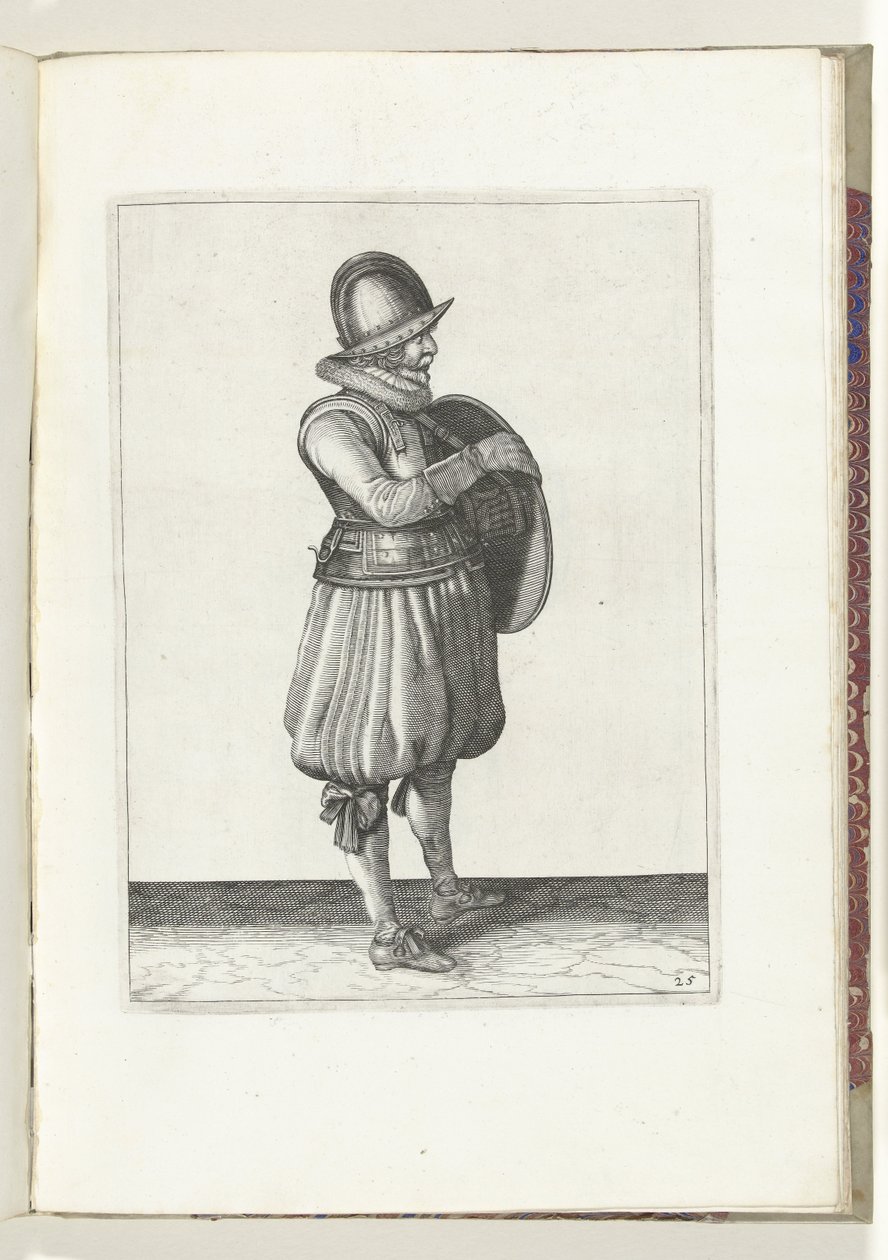 El ejercicio del escudo y la espiga: el soldado saca el brazo del cinturón del escudo (núm. 25), 1618 El Nassausche Wapen-Handelinge, van Schilt, Spies, Rappier and the Targe: más allá de figuerlick representado, y enmarcado según el nuevo orden [de] (...) de Adam van Breen