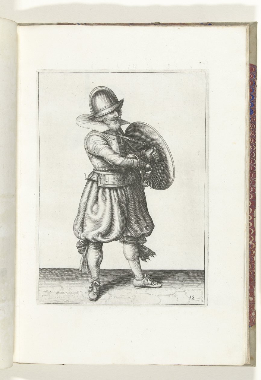 El ejercicio de escudo y punta: el soldado saca su estoque de detrás de su escudo (n. ° 18), 1618 El Nassausche Wapen-Handelinge, van Schilt, Spies, Rappier and the Targe: más allá de figuerlick representado, y enmarcado según el nuevo orden [de] (...) Mau de Adam van Breen