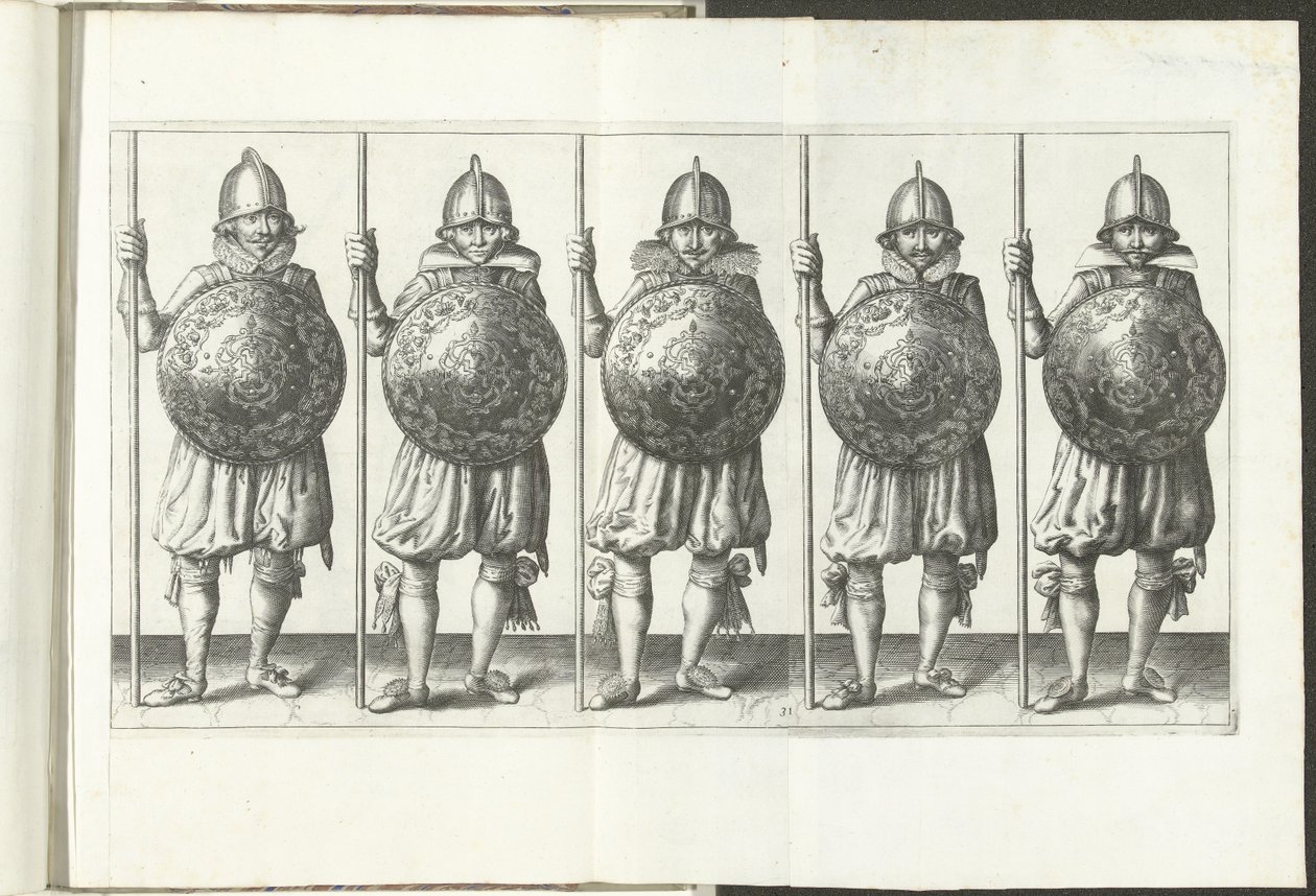 El ejercicio del escudo y la punta: cinco soldados de pie uno al lado del otro en línea con la aguja en la mano derecha apoyada en el suelo y el escudo frente al cofre (n. ° 31), 1618 The Nassausche Wapen-Handinge, van Schilt, Spies, Rappier andde Targe :  de Adam van Breen