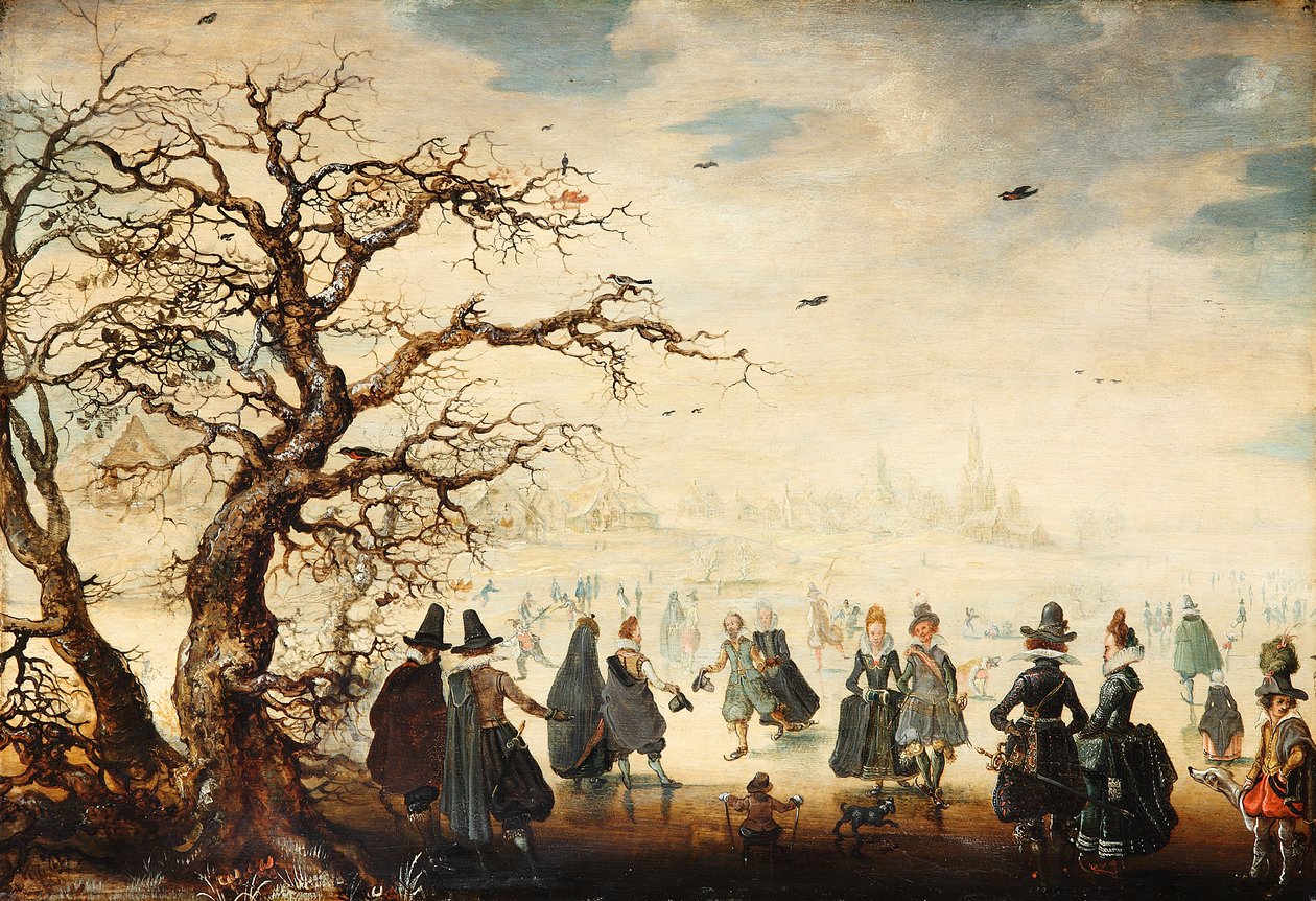 Alemán: Wintervergnügen Paisaje invernal con elegantes figuras patinando sobre hielo de Adam van Breen