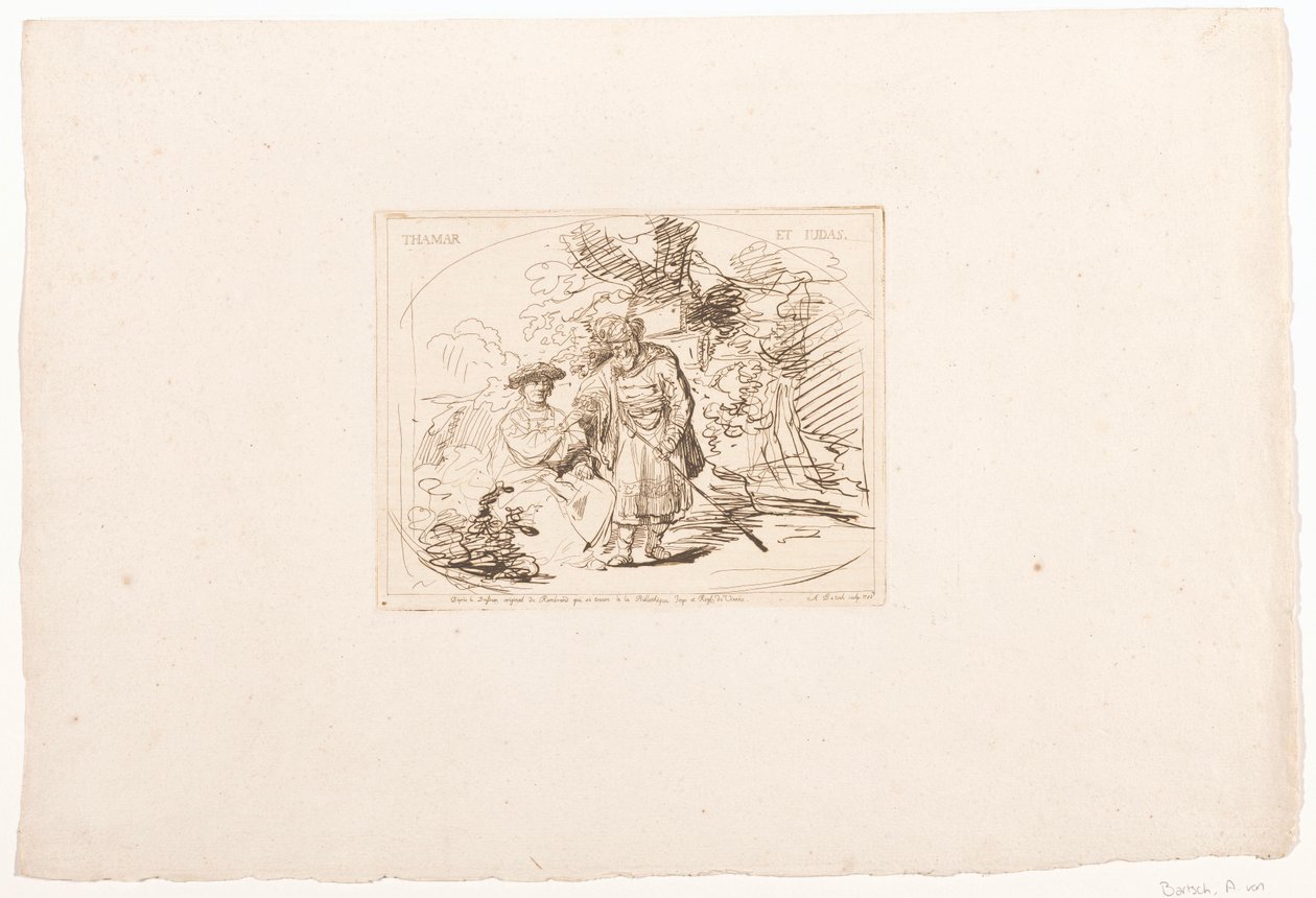 Judá le da a Tamar su anillo de sello Tamar et Judas (título sobre objeto) Seis grabados a partir de dibujos de Rembrandt, conservados en la Hofbibliothek de Viena (título de la serie) Seis estampes gravées d