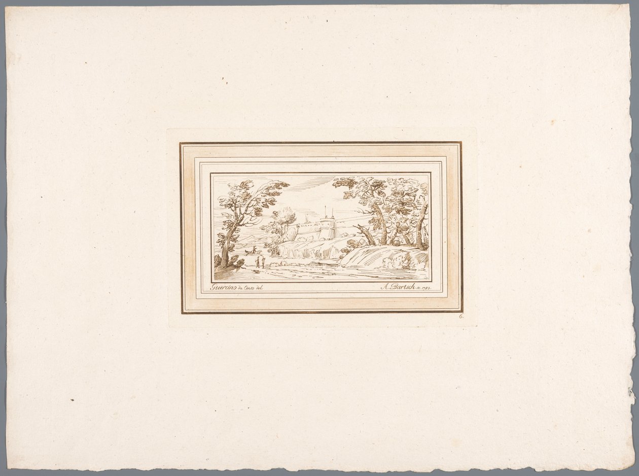 Paisaje fluvial con el muro de una fortaleza. Impresiones a partir de dibujos de Guercino conservados en la Hofbibliothek de Viena (título de la serie) Recueil d