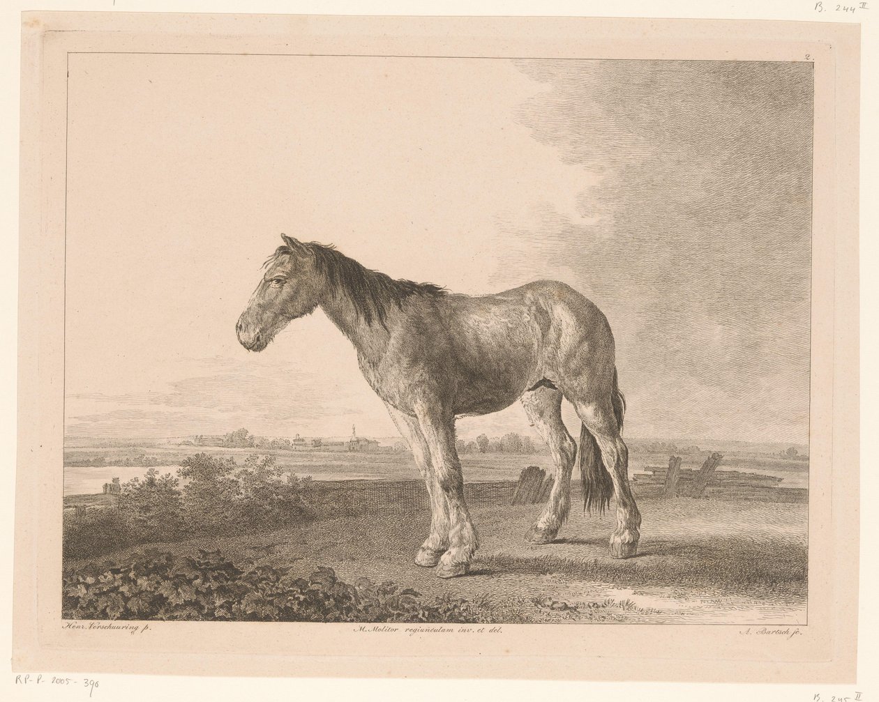 Caballo de pie en un paisaje de río Animales según pinturas de maestros holandeses (título de la serie) Différens animaux graves d