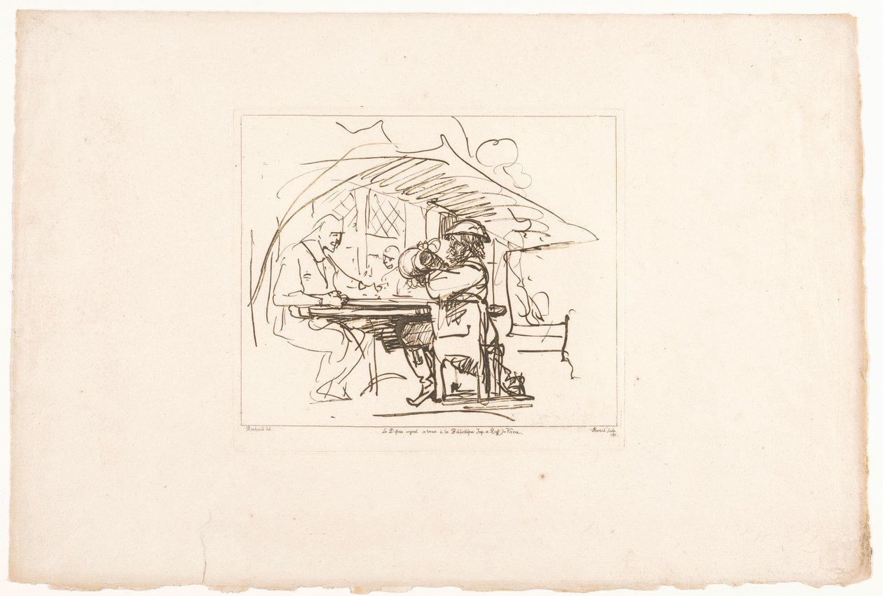 Dos hombres en una mesa, uno de ellos con una jarra Seis grabados a partir de dibujos de Rembrandt, conservados en la Hofbibliothek de Viena (título de la serie) Six estampes gravées d