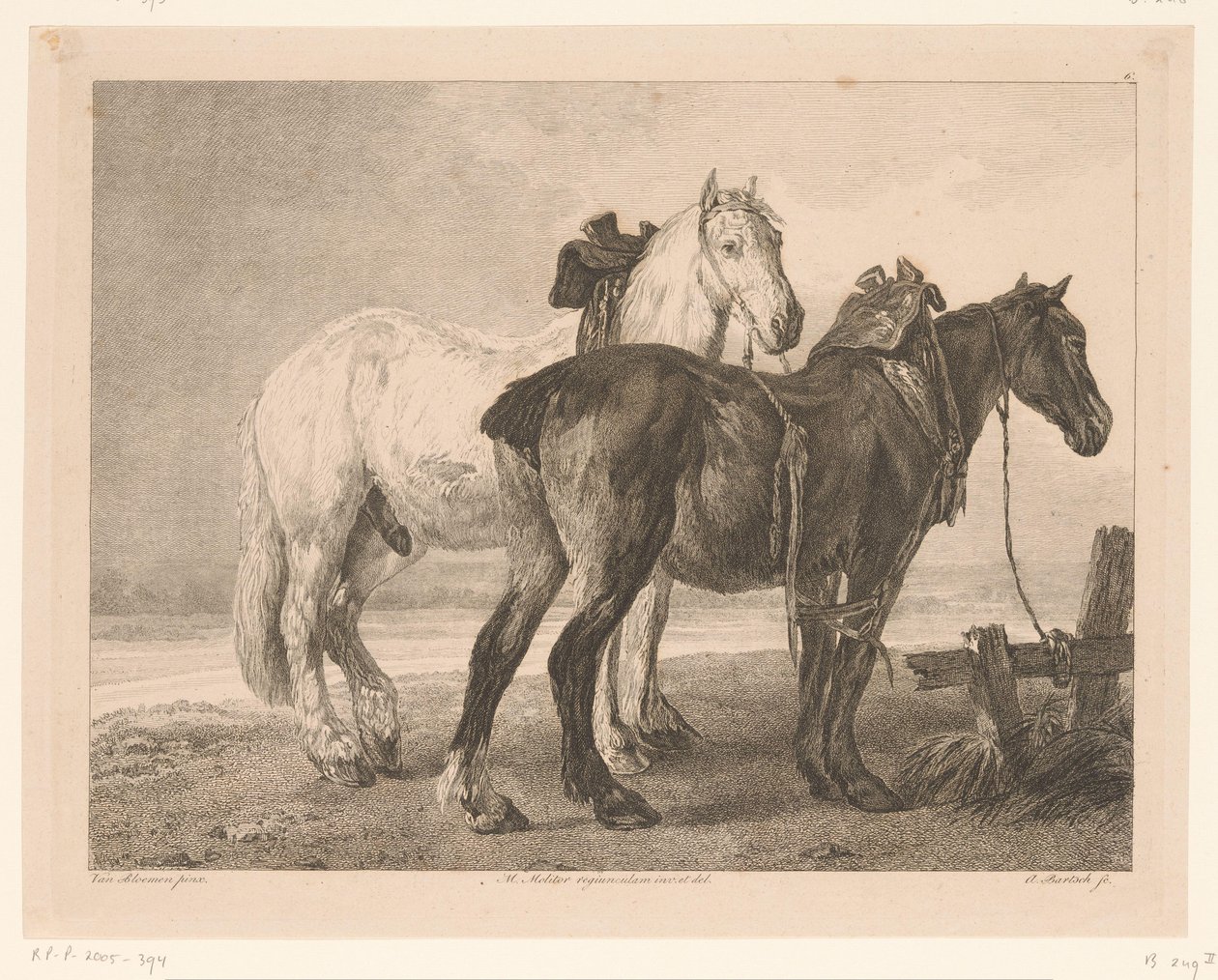 Dos caballos en un paisaje de río. Animales según pinturas de maestros holandeses (título de la serie) Différens animaux graves d